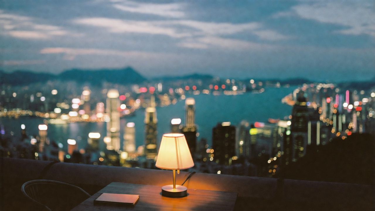 Hong Kong harbour at dusk from a quiet terrace